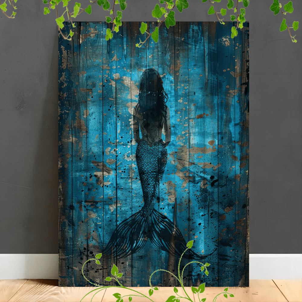 

1pc Wooden Framed Canvas Painting Artistic Printing, Corridor Home Living Room Decoration Suspensibility Mermaid Silhouette, Blue Hues, Wooden Texture