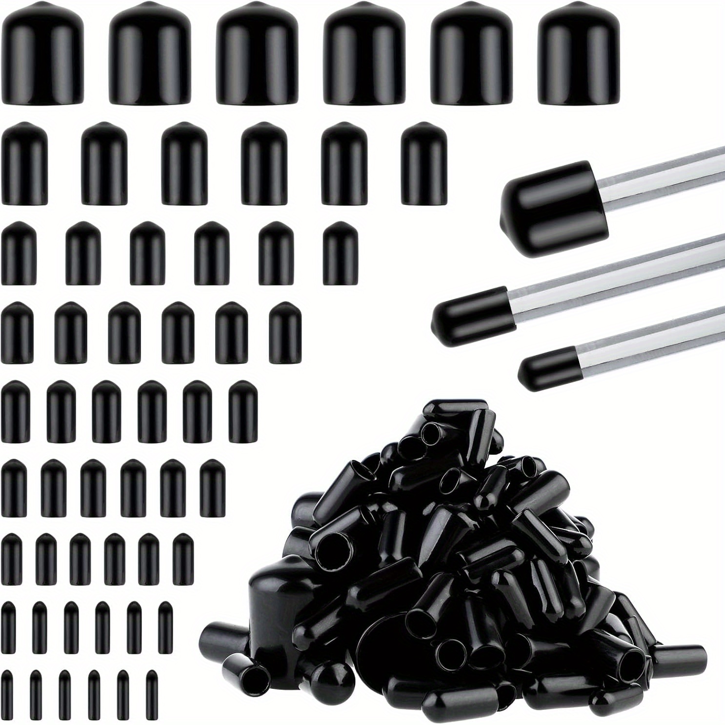 Image of 160pcs End Caps, 2/3/4.5/6/7/8/9/12/20mm Protective Caps For Screws, Pvc Vinyl Round Tube Caps, Flexible Round Tube Cover, Black Screw Thread Protection Cover