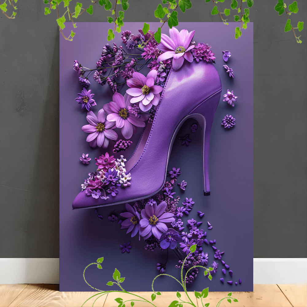 

1pc Wooden Framed Canvas Painting Artistic Printing, Corridor Home Living Room Decoration Suspensibility Purple High Heel Shoe With Flowers (1)