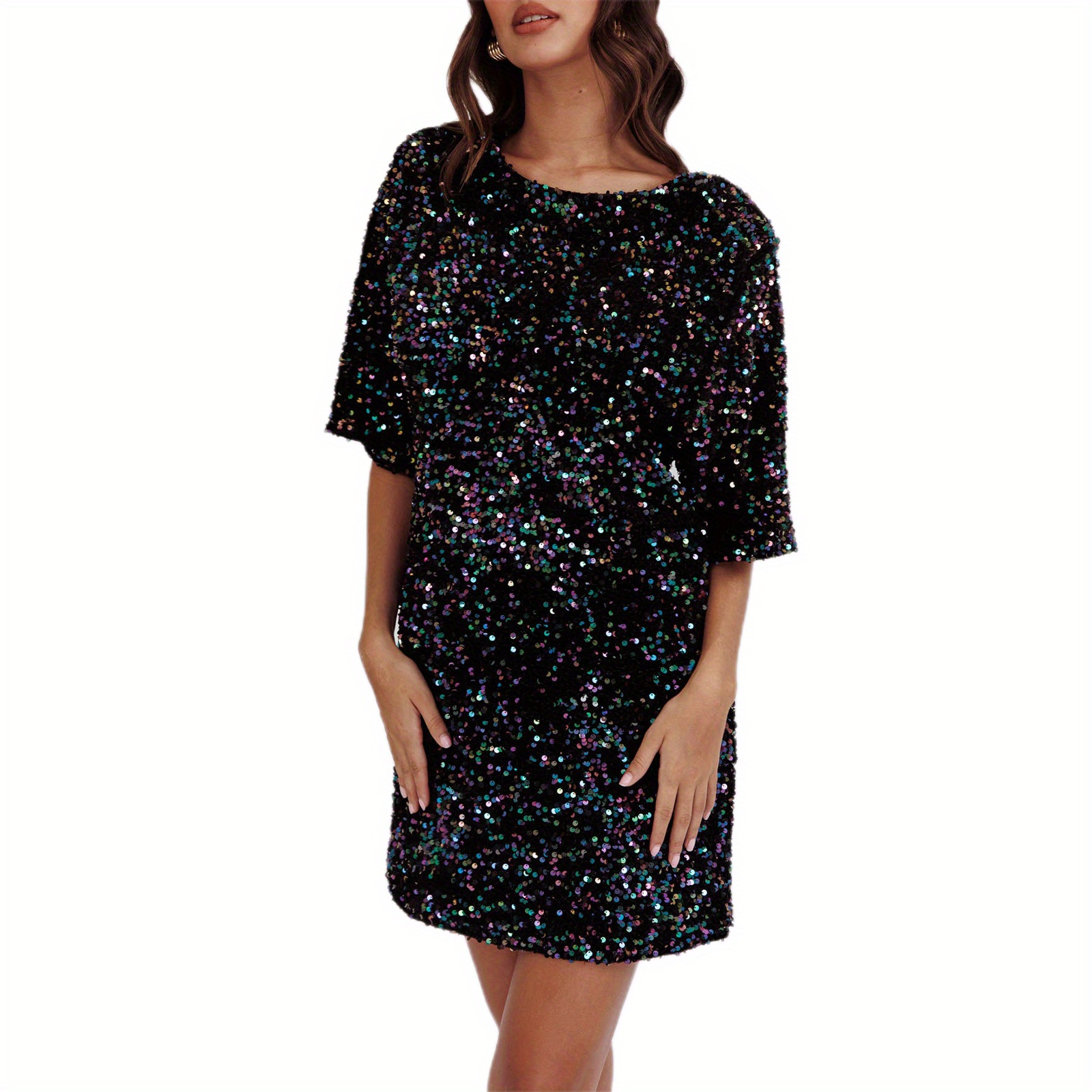 

Women's Sequin Dress Casual Loose Sparkly Round Neck Short Sleeve Open Back -shirt Dress For