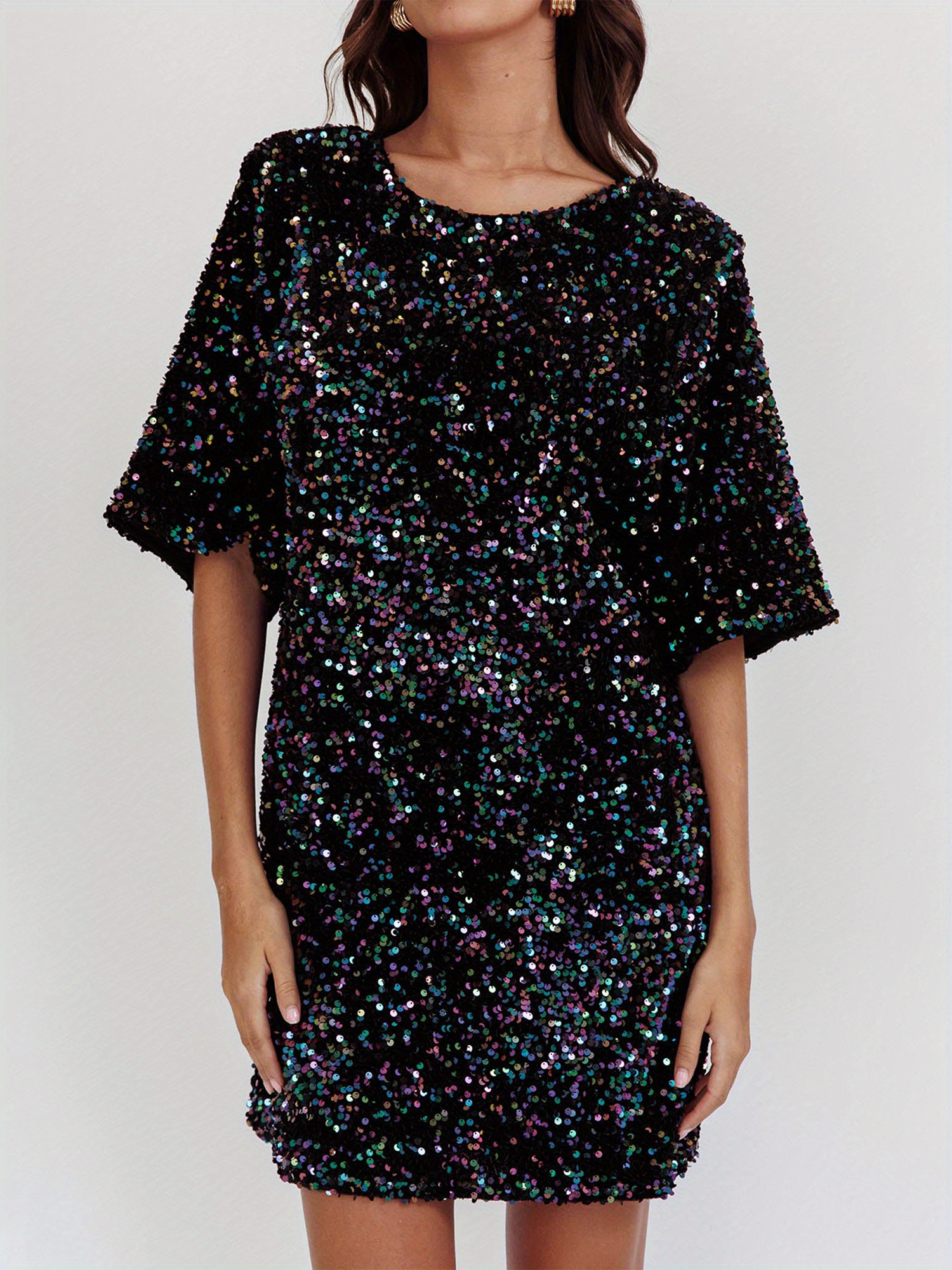 short sleeve glitter dress Isaac Mizrahi New York Women's Sequin Mock Neck Sweater Dress - Brown main image 1