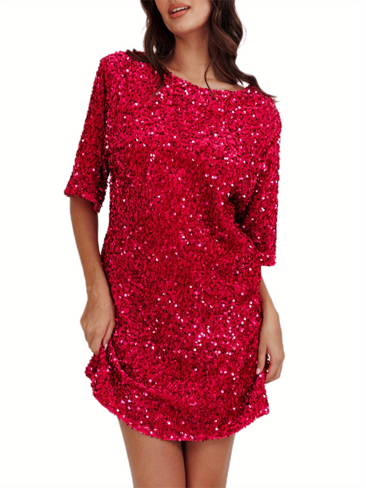 sparkling sequin mini dress women casual loose fit round