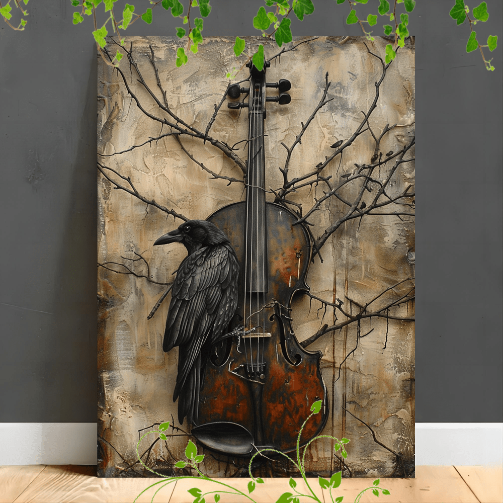 

1pc Wooden Canvas Painting Artistic Printing, Room Decoration Suspensibility Crow Sitting On Violin Branches