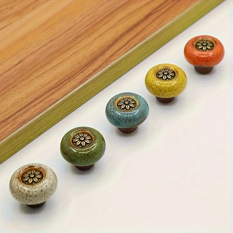 TEMU 5-pack Colorful Ceramic Cabinet Knobs: Leopard Print Glass Round Single Hole Pulls With Installation Hardware - Decorative Dresser Handles