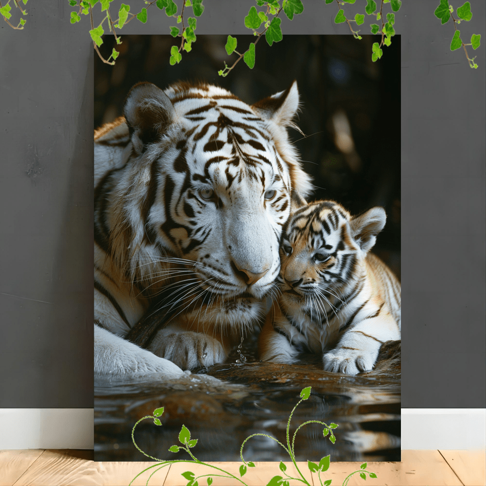 

1pc Wooden Framed Canvas Painting Artistic Printing, Corridor Home Living Room Decoration Suspensibility White Tiger With Cub, Intimate Moment, Natural Setting (1)