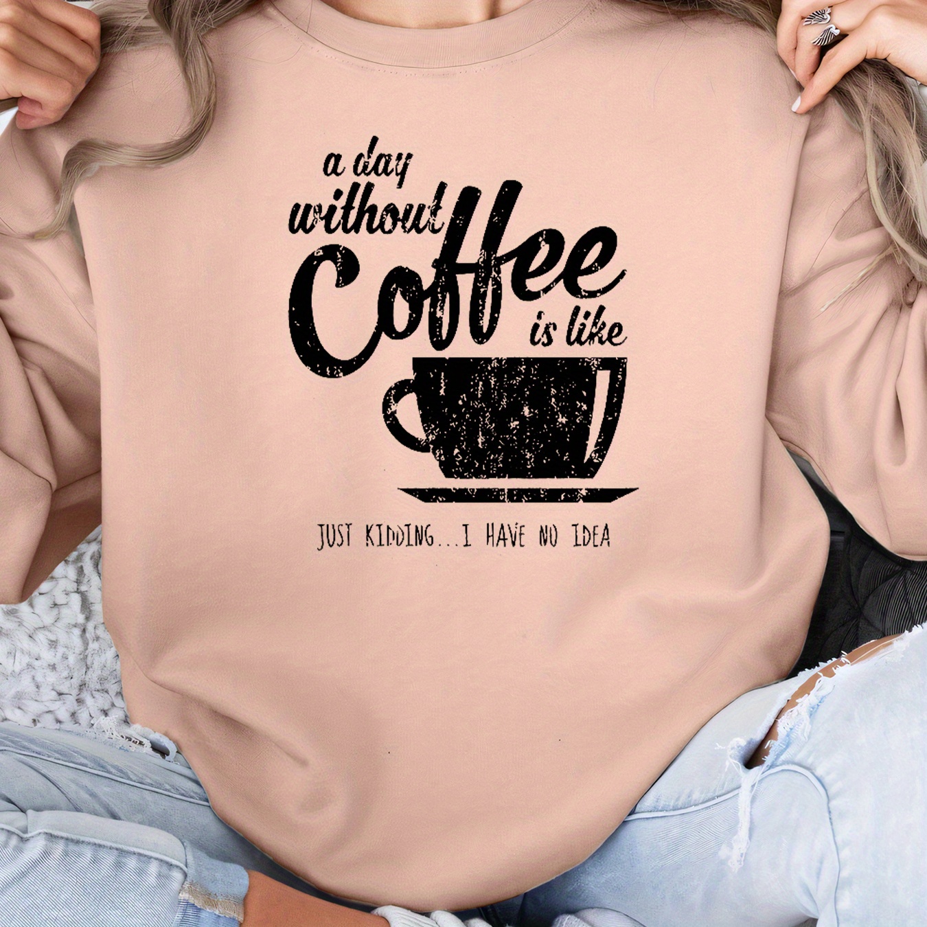 

Women's Casual Long Sleeve Crew Neck Sweatshirt With Coffee Graphic Print, Knit Polyester Fabric, Fall/winter Relaxed Fit Pullover - Alphabet Pattern Design