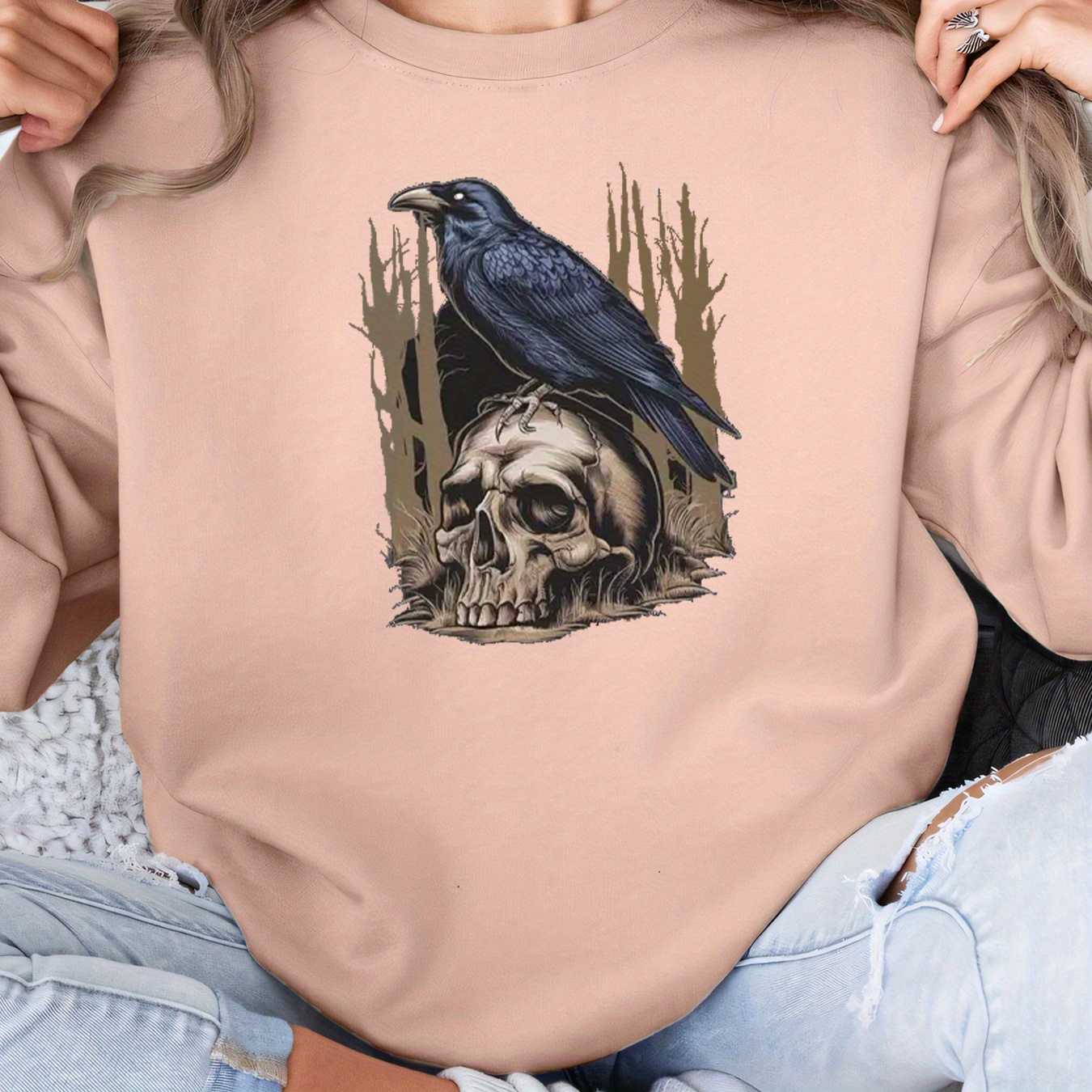 

Pull décontracté en tricot pour femme avec motif corbeau et tête de mort