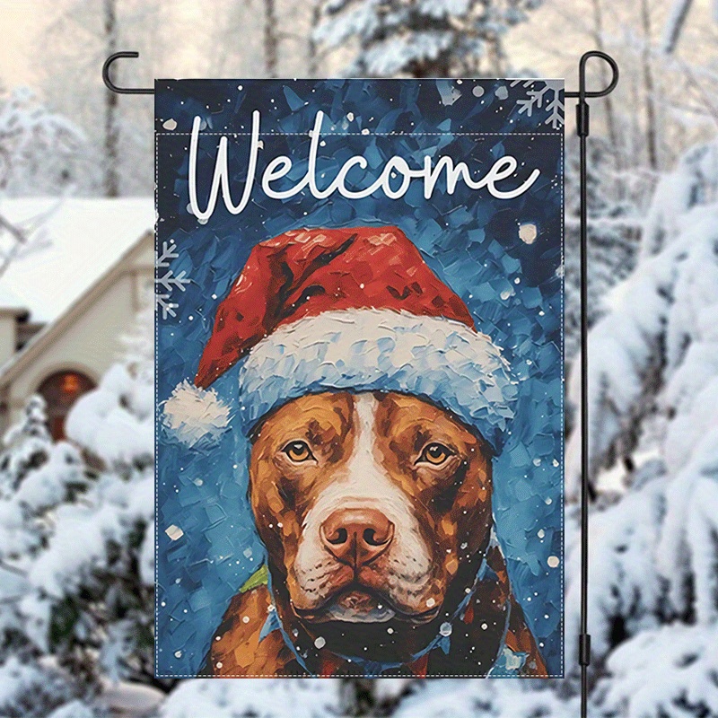 

1pc Weatherproof Polyester Christmas Yard Flag - Welcome Design With Santa Hat Dog, Dual-sided, Fade-resistant Garden Flag 12x18 Inch For Outdoor Decoration, No Electricity Needed