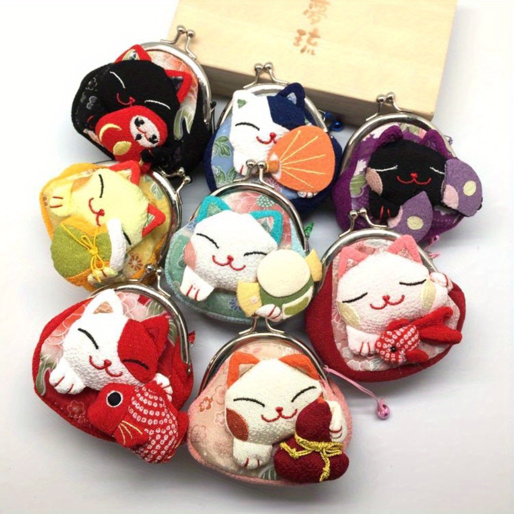 

Maneki Neko Cat Fabric Coin Purse - Wallet Card Holder With Floral Print, Adorable Doll Design, Clutch Storage Bag For Women And Men