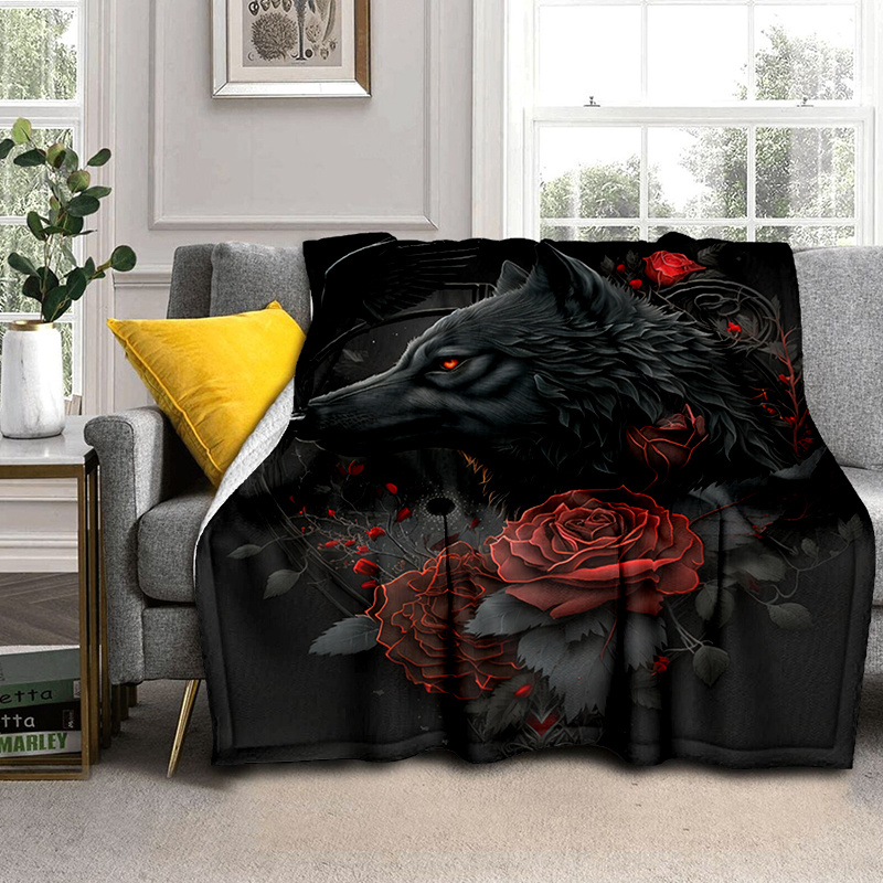 

Wolf And Red Roses Design Polyester Blanket, Extra Large Soft Sofa Bed Throw, Machine Washable Picnic Travel Nap Cover, 100% Polyester Comfortable Family Blanket With Red-eyed Wolf Motif