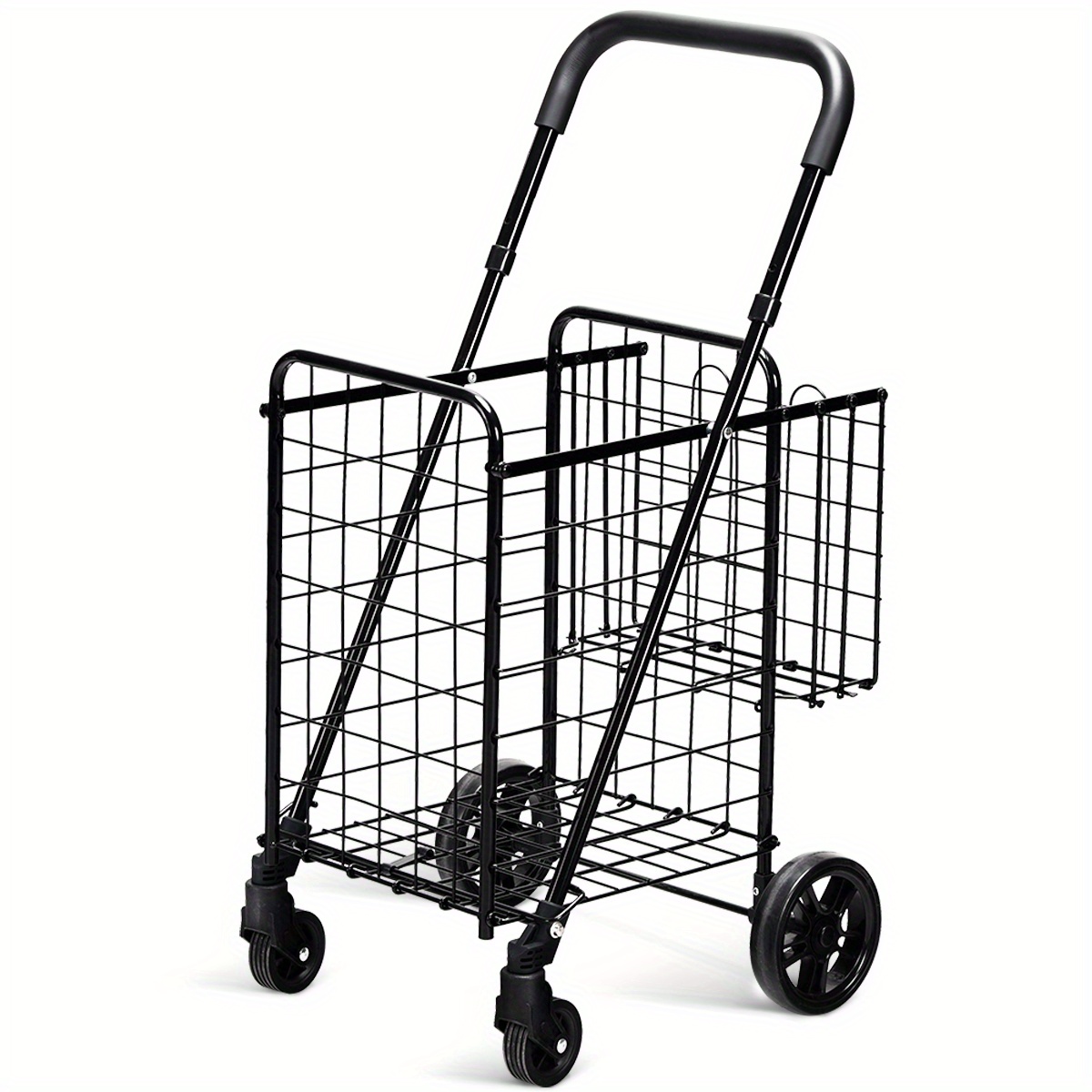 

1pc Heavy-duty Folding Shopping Cart Basket, Adjustable Handle Rolling Utility Trolley, Black, Rolling Storage Cart