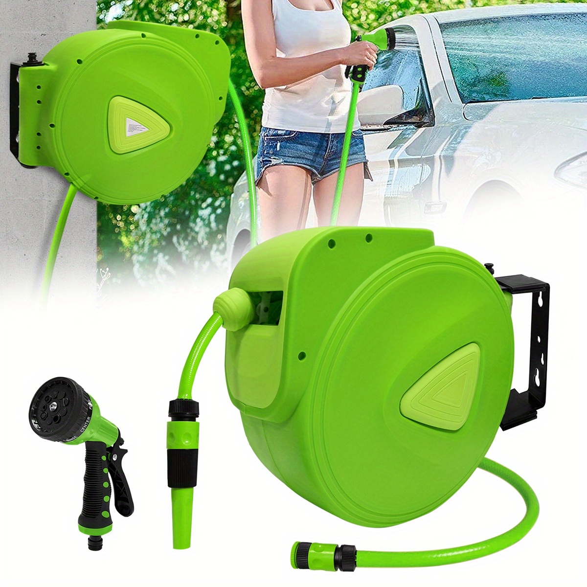 

Aufun Hose Reel Water Automatic With Hand Shower And Garden Hose, 3/4 Inch Connection 180° Swivelling, Wall Mount Multi With Carry Handle For Garden, Watering, Car Wash (green)