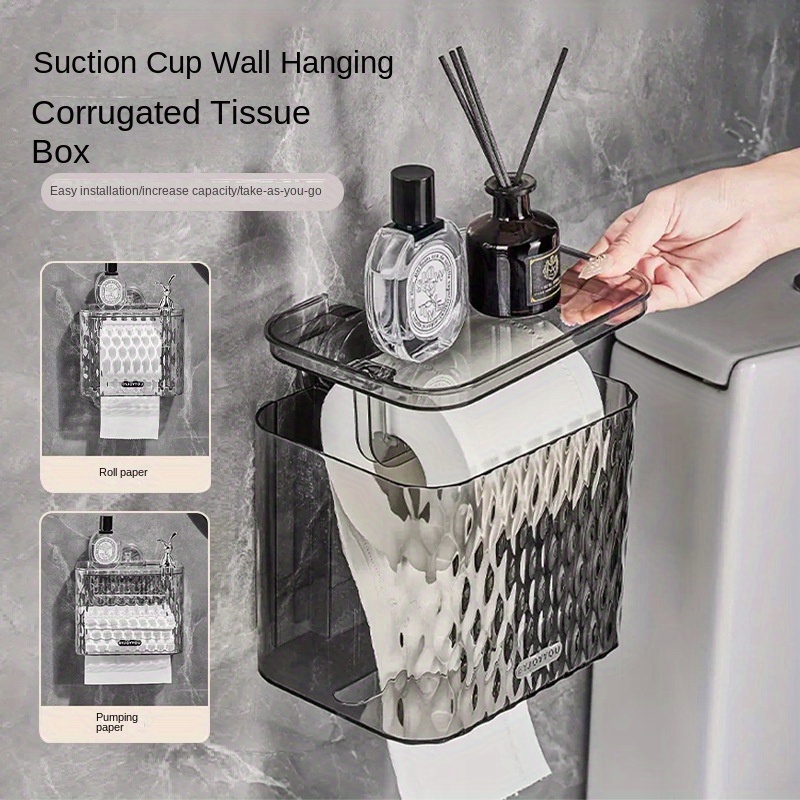 

1pc Suction Cup Wall-mounted Tissue Box Holder, Plastic, Square Shape, No-drill Installation For Bathroom Or Toilet, Bathroom Tissue Box, Bathroom Accessories