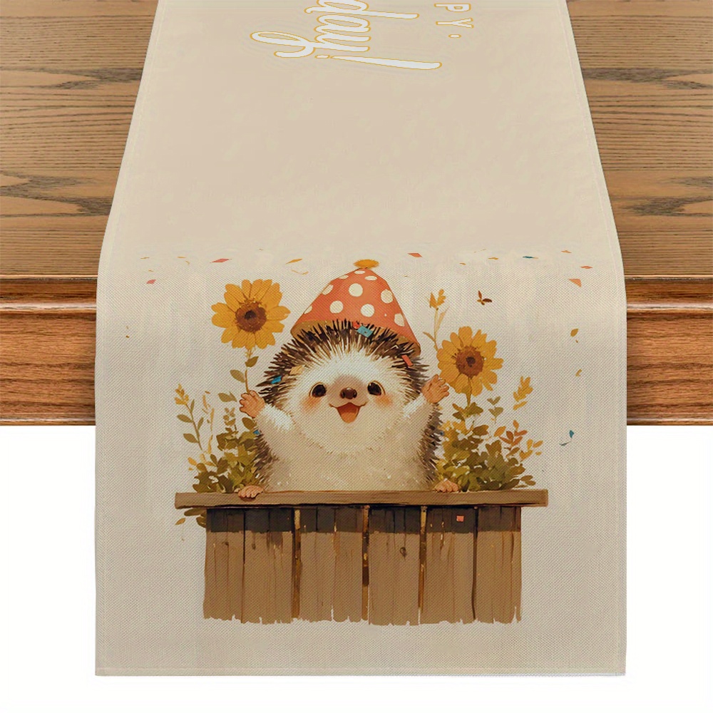 

1pcs Happy Birthday Hedgehog With Hat Sunflower Design Table Runner - Woven Polyester Rectangular Kitchen Dining Table Decoration For Party And Home Room Decor, Restaurant Decorative Tablecloth