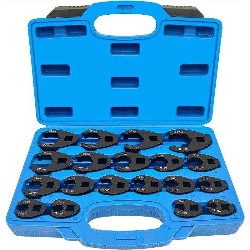 

19-piece Crowfoot Flare Nut Wrench Set, Open End Head Style, Steel Construction, Metric 8-32mm For 3/8 & 1/2 Inch Drive Ratchets