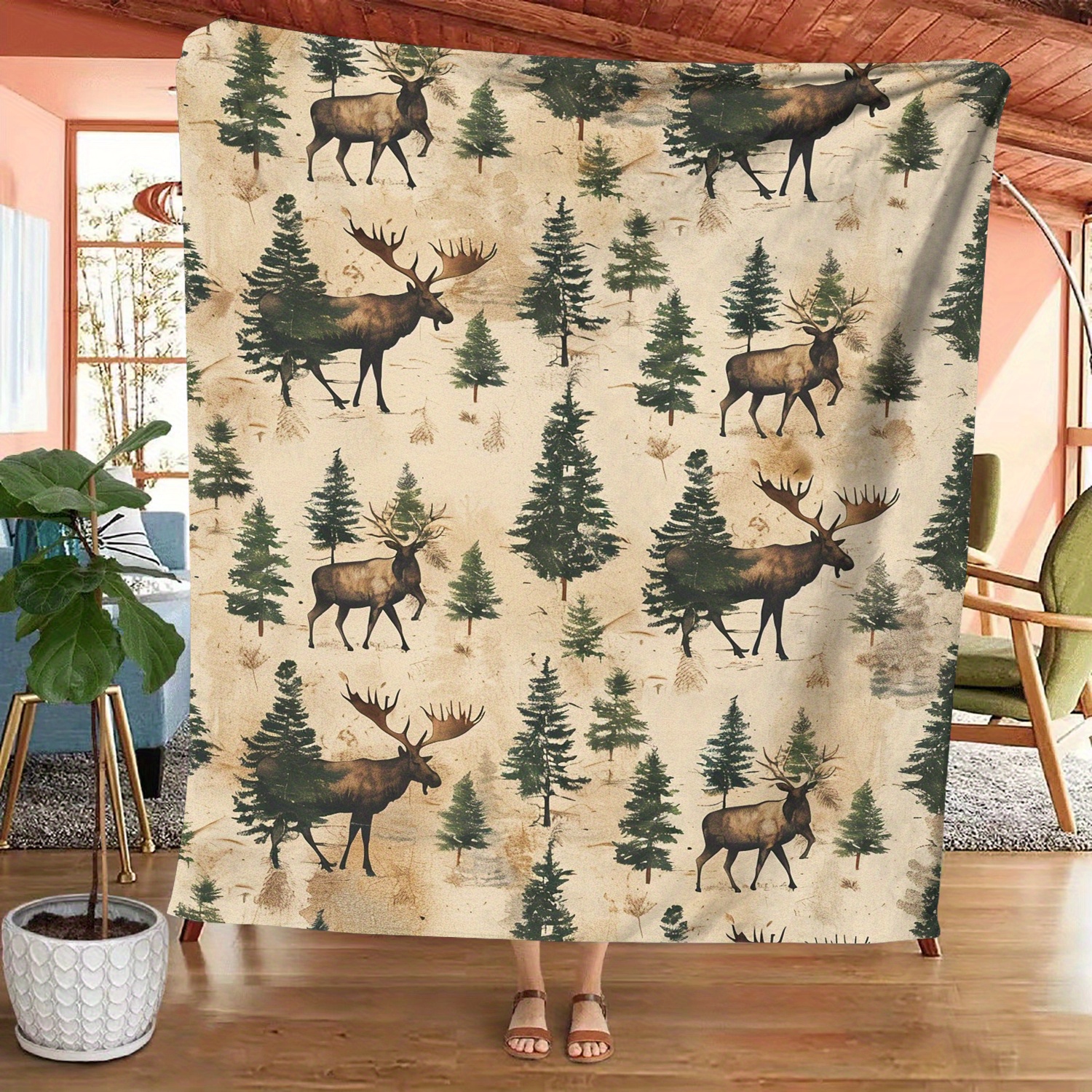 

Vintage Moose Print Flannel Throw Blanket – All-season Cozy Knitted Polyester Throw For Sofa, Bed, And Tv – Soft Digital Printed Lap Blanket With Forest Wildlife Theme For Elk Lovers