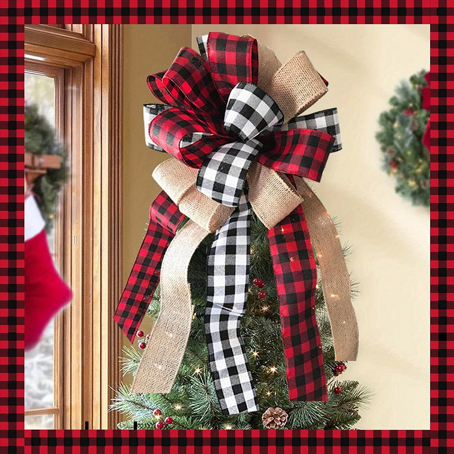 

Handcrafted Christmas Tree Topper - Rustic Farmhouse Style With Buffalo Plaid & Burlap Bow, Perfect For Holiday Home Decor