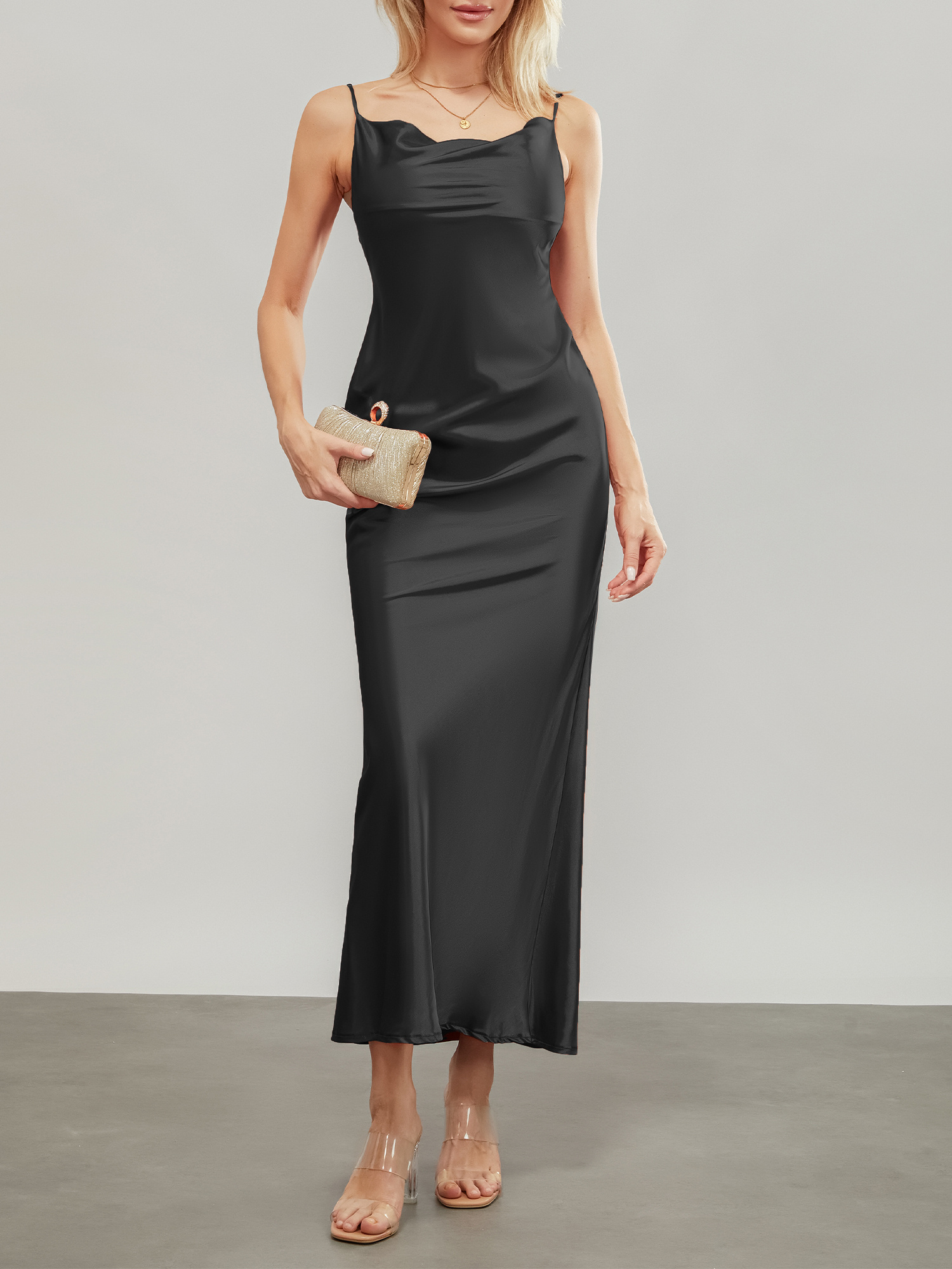 satin solid cowl neck cami dress women long bodycon dress solid color spaghetti strap cowl