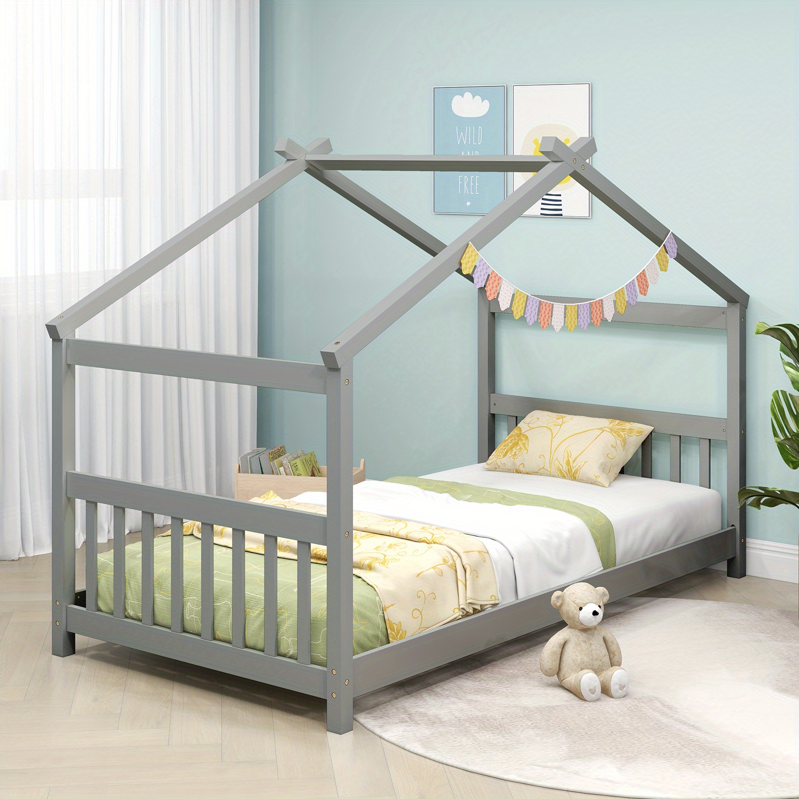 twin size house bed roof wooden low floor bed - Temu Canada