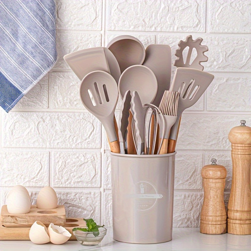 

1 Set Kitchen Utensil Set, Silicone Cookware Set, 12pcs Silicone Kitchen Utensil Set, Wooden Cooking Utensils, Kitchen Gadgets, Silicone Cutlery Set, Kitchen Tools With Storage Bucket