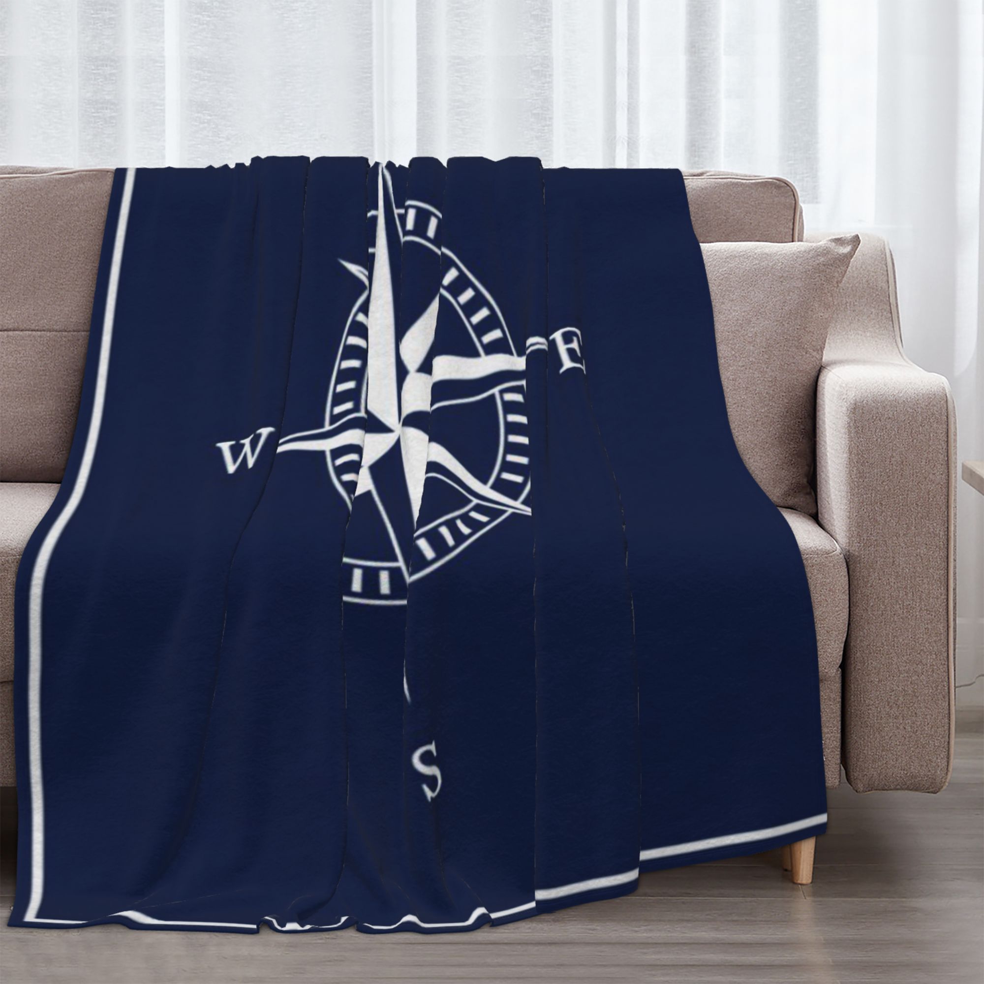 

Cozy Compass-print Navy Blue Fleece Throw Blanket - Soft, Warm Polyester With Contemporary Nautical Design For Sofa, Bed, Office, Travel - Ideal Gift For Weddings, Birthdays, Friends