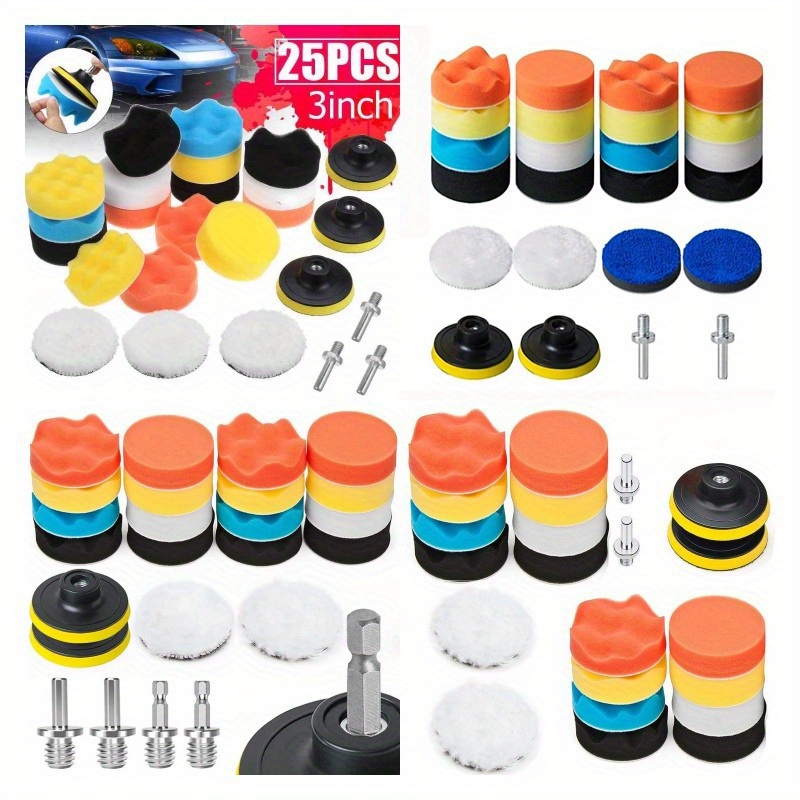 

25-piece Car Polishing Pads Kit, Universal Fit Sponge Rubber Buffing Set With Wool Layers, Washable Hook & Loop Backing Plates, Auto Detailing Tools For Waxing And Sealing