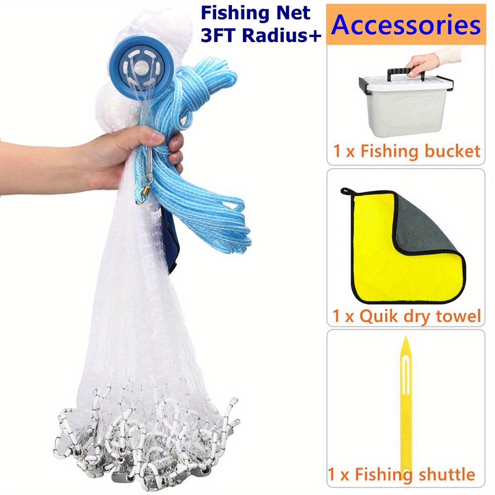 TEMU Fishing Cast Net Set (cast Net + Fishing Bucket + Shuttle + Quick -drying Towel), Handmade American Monofilament Nylon Net With Heavy Duty Real