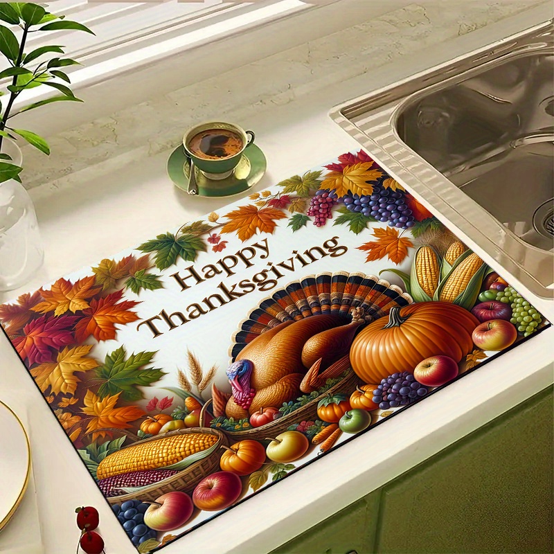 

Thanksgiving Theme Dish Drying Mat - 1pc Polyester Quick-dry Kitchen Counter Mat, Absorbent Dish Drainer Pad, Heat-resistant Table Protector With Festive