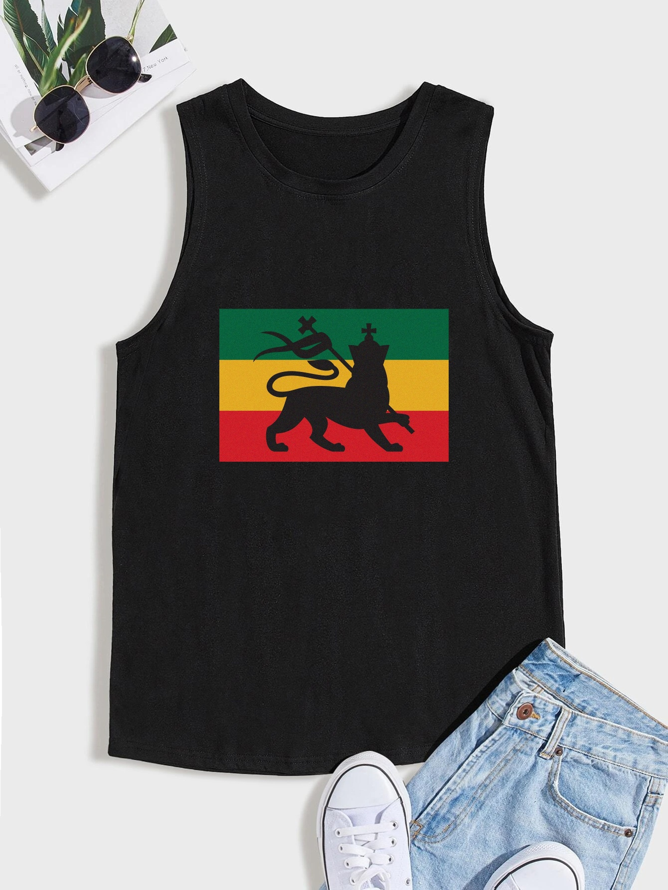 Spor Fitness için Nefes Alabilir Rahat Kollu Büyük ve Uzun Boylu Reggae Desenli Erkek Atlet