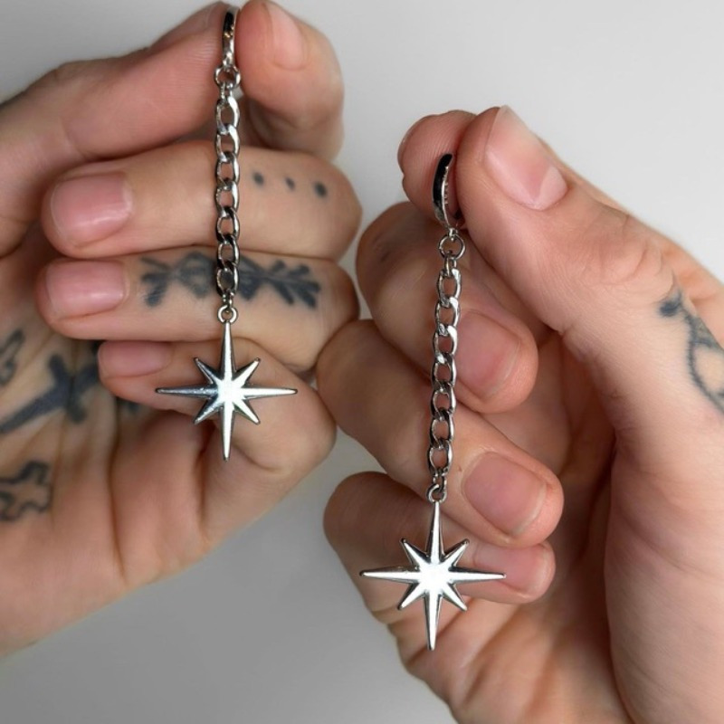 

1pair Fashion Long Tassel 8 Pointed Star Pendant Earrings For Women's Punk Hip-hop Exquisite Accessories