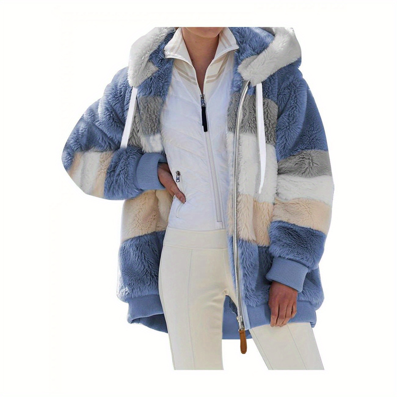 

Women Contrast Color Hooded Coat, Long Sleeve Zip-up Plush Tops For Spring, Autumn