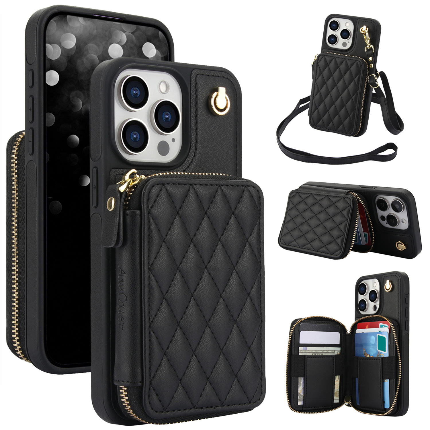 AWQUER Crossbody Faux Leather Case for iPhone Models 16E, 16, 15, 14, 13, 12, 11 Pro, X, XS Max, XR, 8, 7 Plus, SE 5G from 2024, 2022, And 2020, Featuring a Wrist Strap, Zipper Wallet, And Card Slot for Both Men And Women.