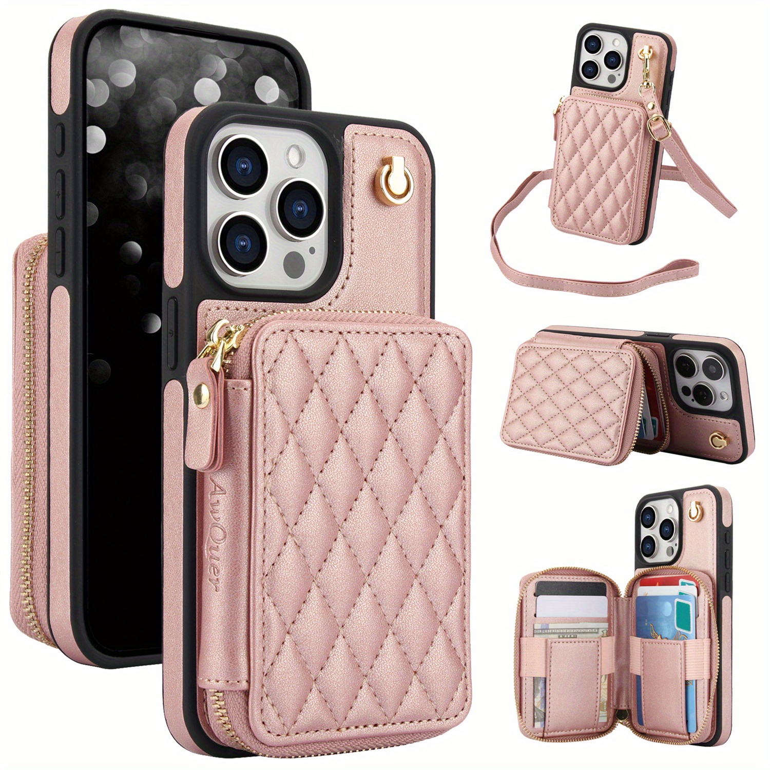 AWQUER Crossbody Faux Leather Case for iPhone Models 16E, 16, 15, 14, 13, 12, 11 Pro, X, XS Max, XR, 8, 7 Plus, SE 5G from 2024, 2022, And 2020, Featuring a Wrist Strap, Zipper Wallet, And Card Slot for Both Men And Women.