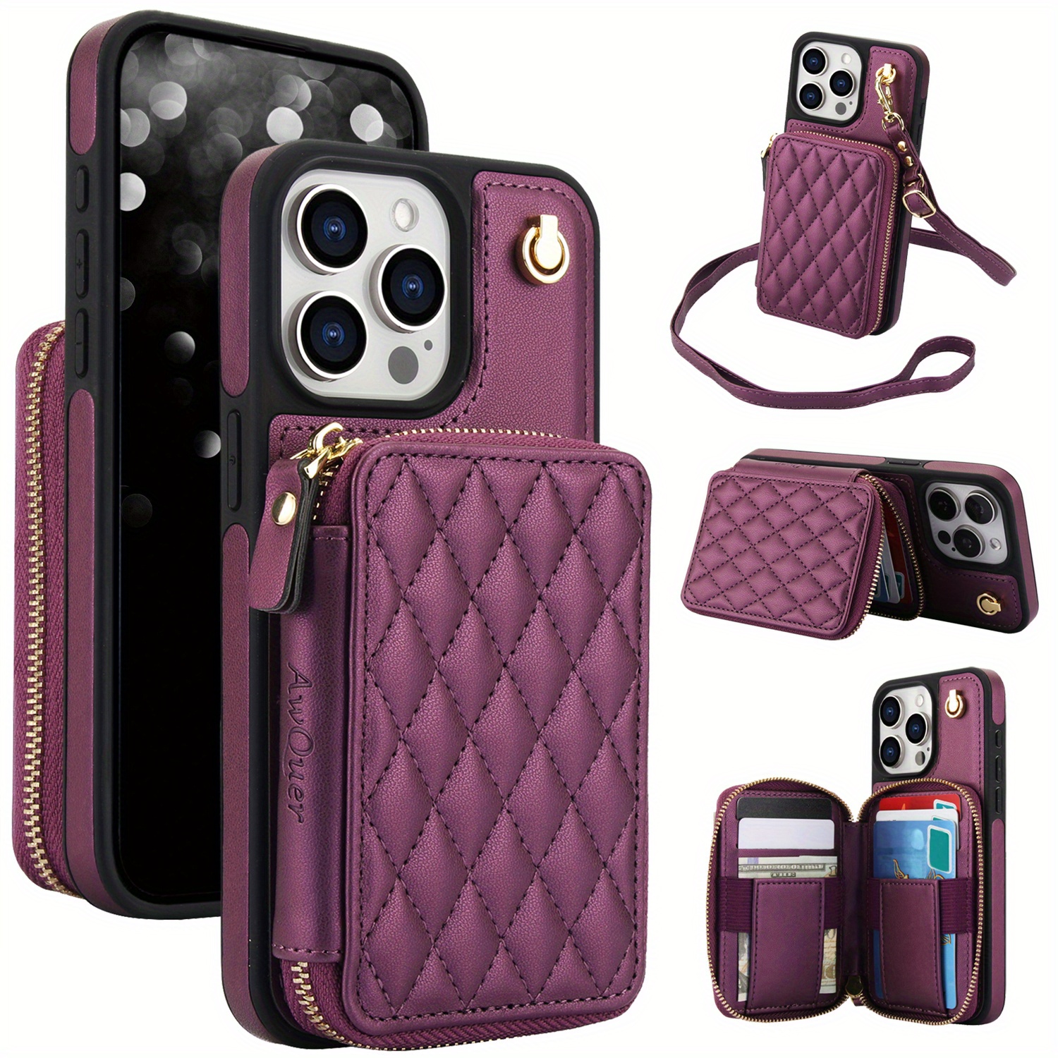 AWQUER Crossbody Faux Leather Case for iPhone Models 16E, 16, 15, 14, 13, 12, 11 Pro, X, XS Max, XR, 8, 7 Plus, SE 5G from 2024, 2022, And 2020, Featuring a Wrist Strap, Zipper Wallet, And Card Slot for Both Men And Women.