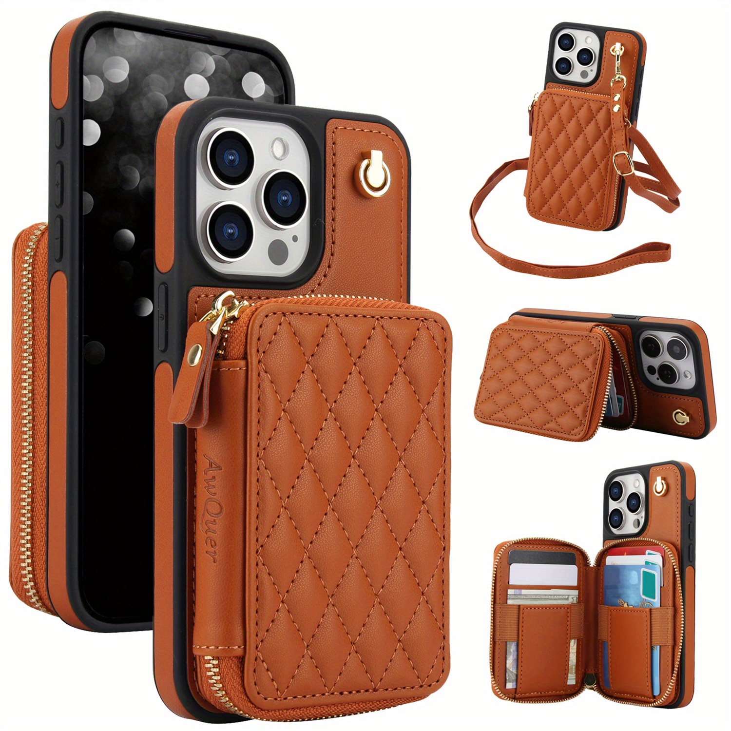 AWQUER Crossbody Faux Leather Case for iPhone Models 16E, 16, 15, 14, 13, 12, 11 Pro, X, XS Max, XR, 8, 7 Plus, SE 5G from 2024, 2022, And 2020, Featuring a Wrist Strap, Zipper Wallet, And Card Slot for Both Men And Women.
