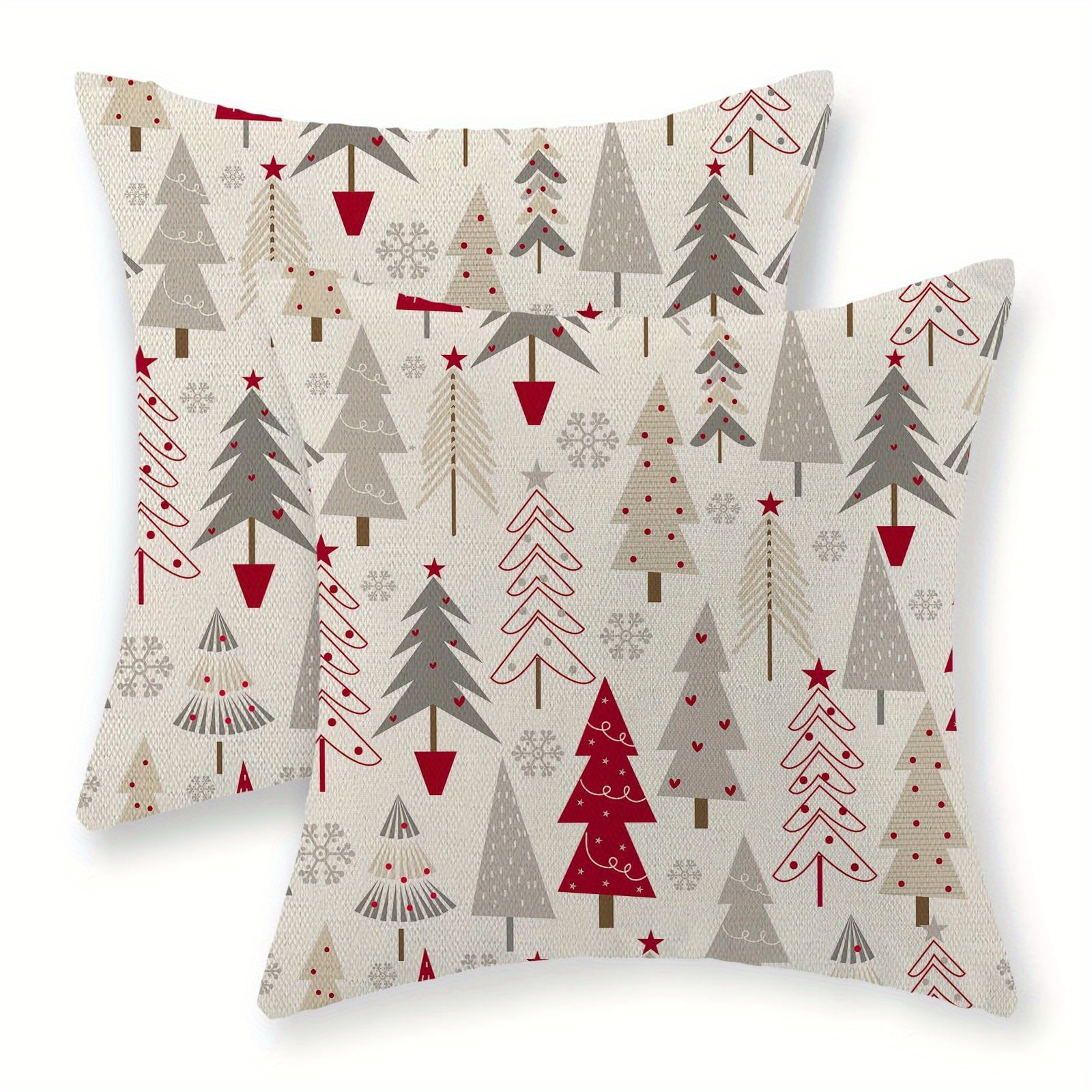 

Set Of 2 Christmas Tree Throw Pillow Covers, Linen Blend, Woven, Contemporary Print Design With Zipper Closure - Machine Washable For Various Room Types