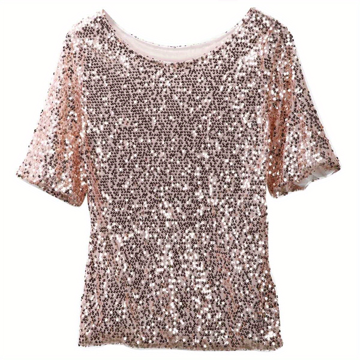 

Women Shine Sequin T-shirts Short Sleeve Spoon Collar Mid-length Tee Tops Clubwear