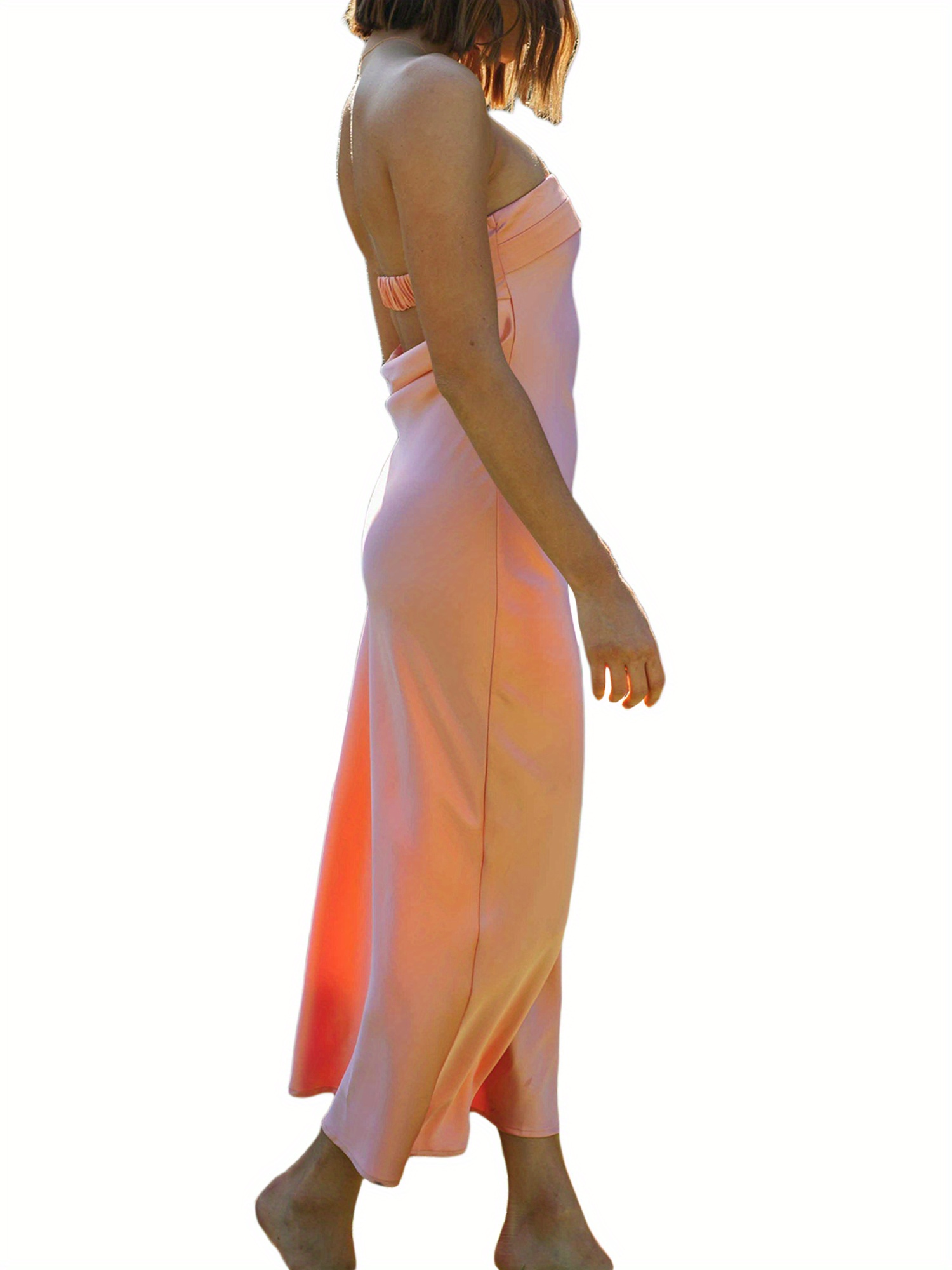 elegant shoulder backless maxi dress solid peach color - Temu