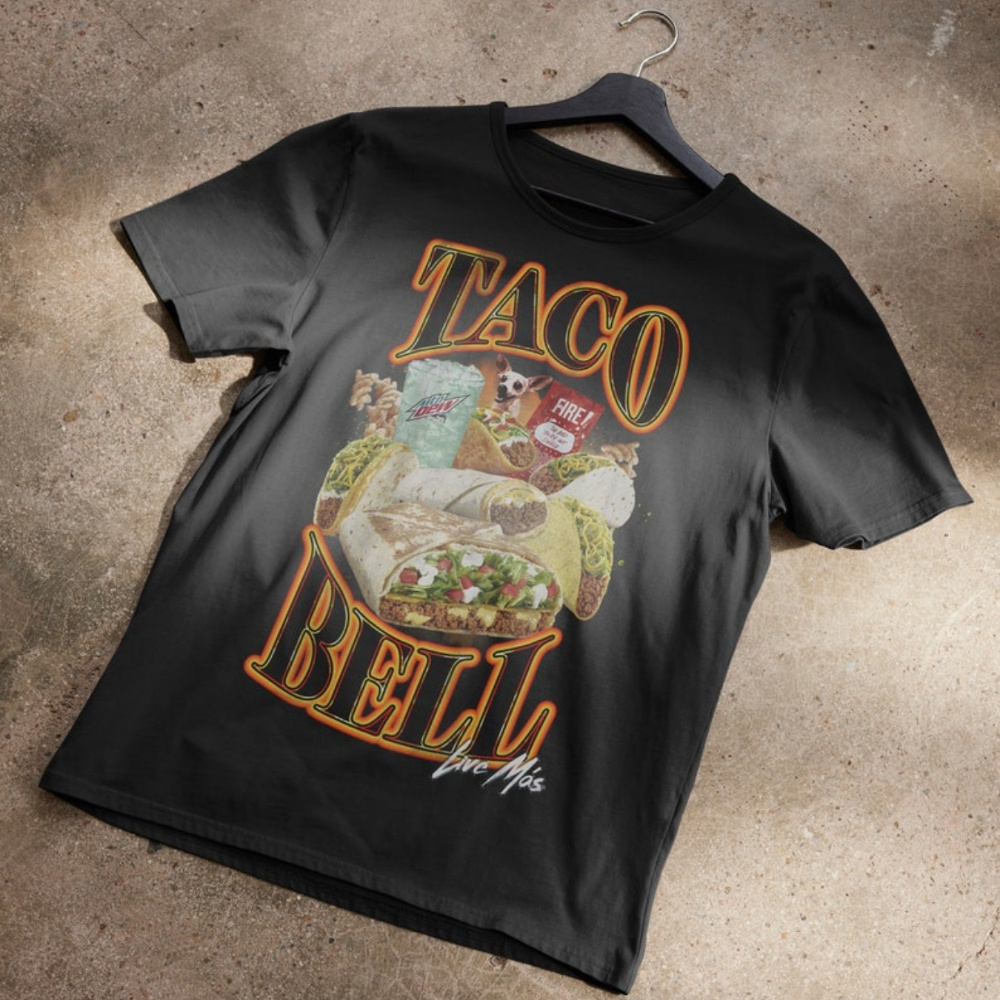 

90s Retro Taco Bell Bootleg Crew Neck T-shirt - Soft Cotton, Slight Stretch, Alphabets Pattern, Machine Washable - Casual, All-season Wear For Adults
