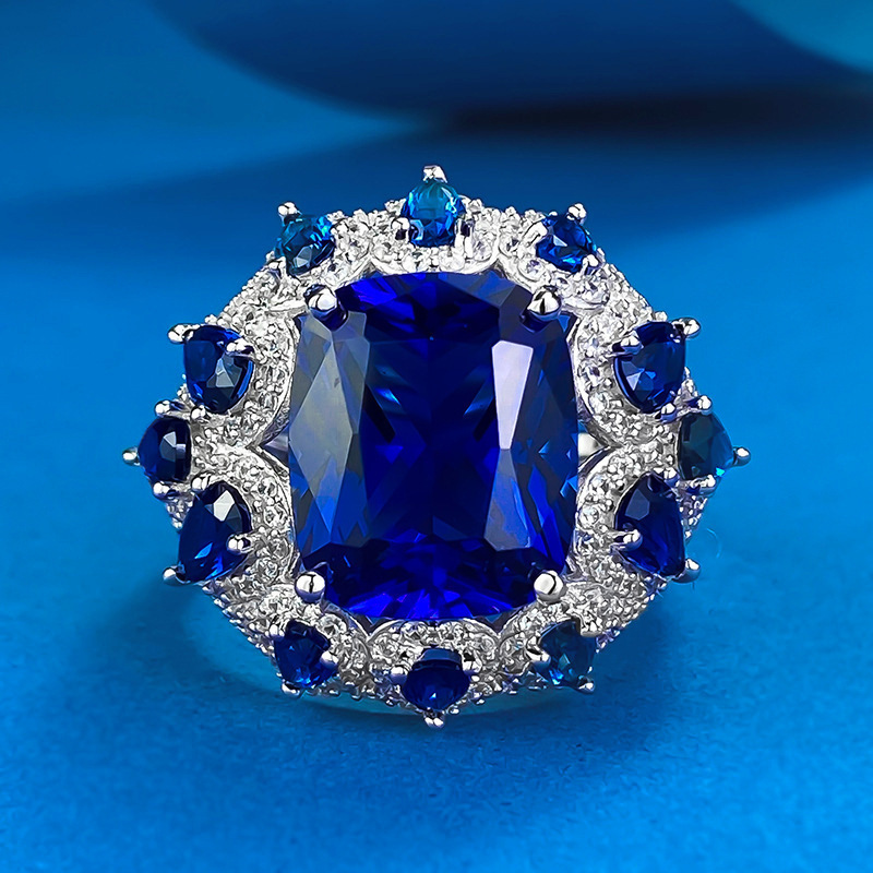 Image of New 925 Silver Blue 10*12mm Square Ring With European And Rings Suitable For Gatherings, Anniversaries And Parties