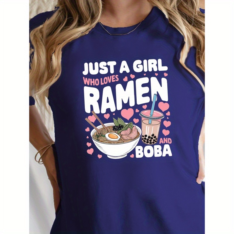 

Ramen And Boba Print T-shirt, Casual Crew Neck Short Sleeve T-shirt For Spring & Summer, Women's Clothing