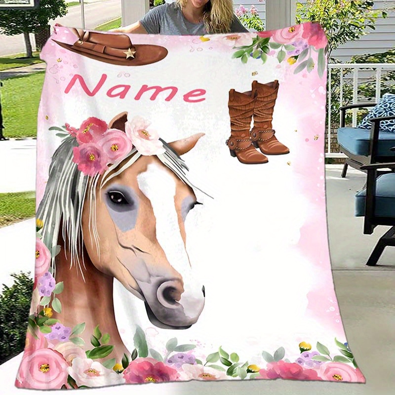 

Customized Horse And Floral Personalized Name Throw Blanket - Plush Flannel, Digital Print, All-season Comfort, Soft Polyester, Animal Theme, Ideal For Napping, Camping, Travel