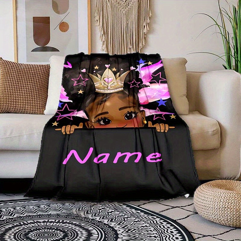 TEMU Custom Name Blanket With Girl Design - Soft, Warm Flannel Throw - Ideal For , Camping, Travel - Personalized Gift For Family, ,