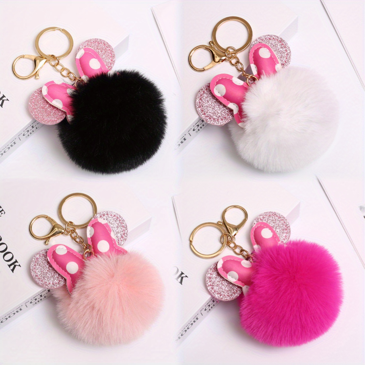 

4-pack Cartoon Bowtie Pom Pom Keychains With Mouse Ears And Polka Dots, Fluffy Fur Ball Key Rings For Handbags, Backpacks, Wristlet Charms - Other Material