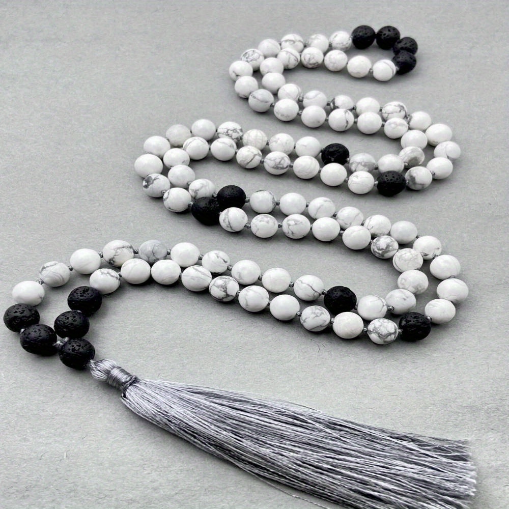 TEMU Handmade White Howlite Beads 6mm 108-knot Mala Necklace Rosary Natural Stone Women's Sweater Chain Men's Bracelet