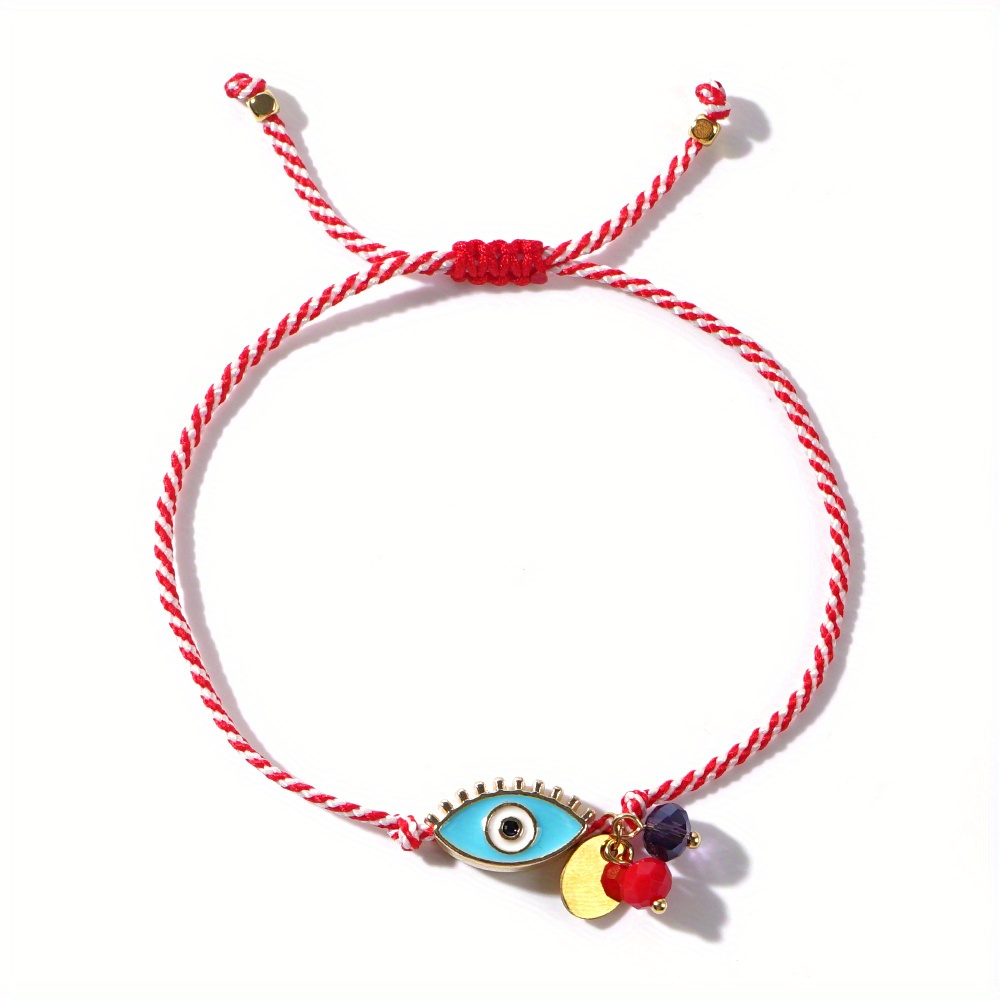 Image of Boho-chic Adjustable Bracelet With Blue Evil Eye & Crystal - 7mm Golden Stainless Steel Oval Charm, Perfect For Casual Attire & Gifting, For Spring