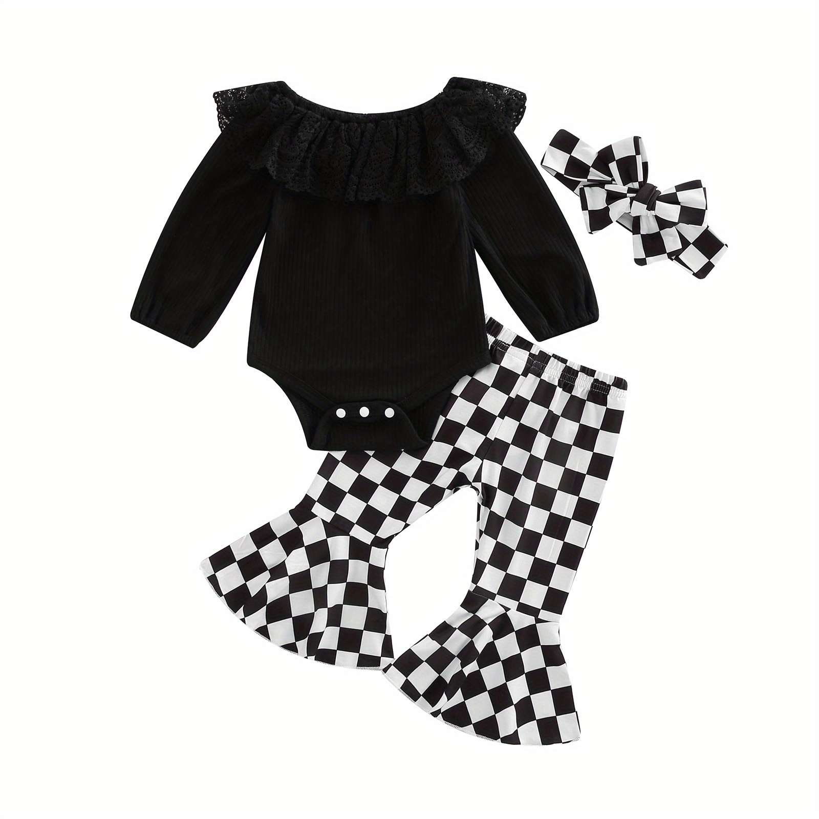 

3pcs Baby Girls Fashion Romper Outfit, Lace Flouncing Splicing Long Sleeve Jumpsuit + Checkerboard Bell-bottomed Pants + Headwear