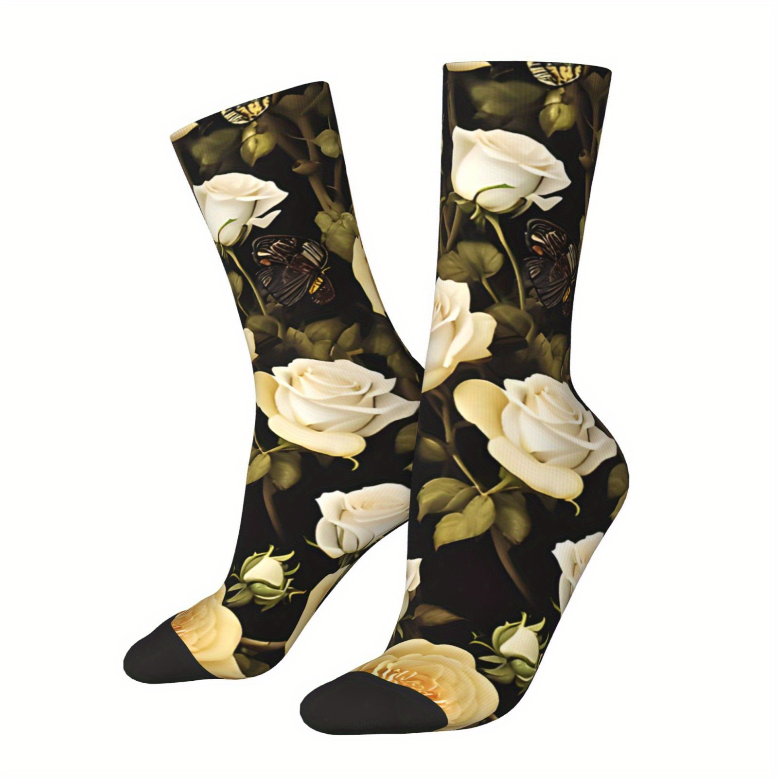 

1 Pair Floral Crew Socks For Women Men, Polyester Knit Fabric With Spandex, Comfortable Hip Hop Novelty Rose Print, Cuff Style , Machine Washable