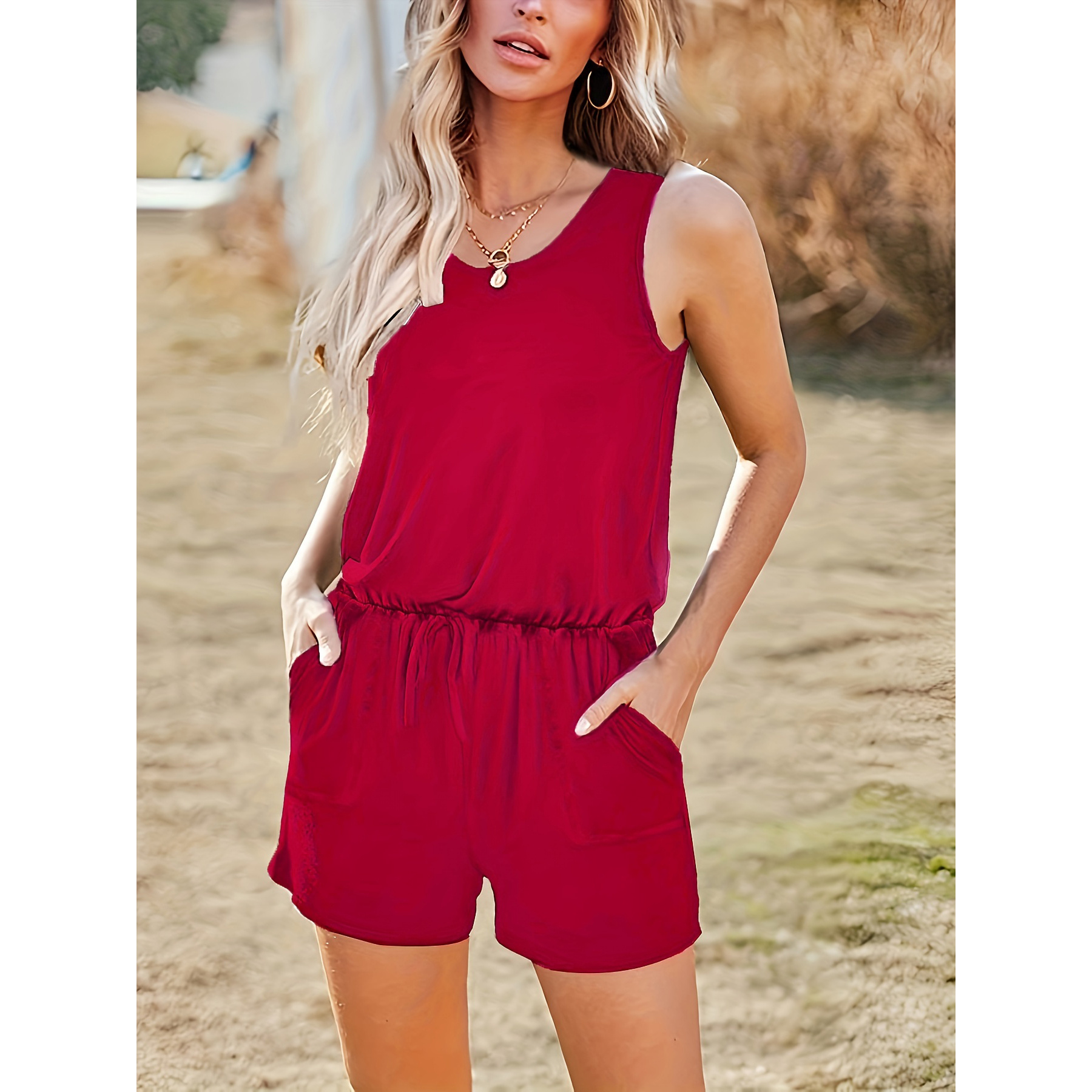 

Women's Summer Solid Loose Jumpsuit Sleeveless Rompers With Pockets