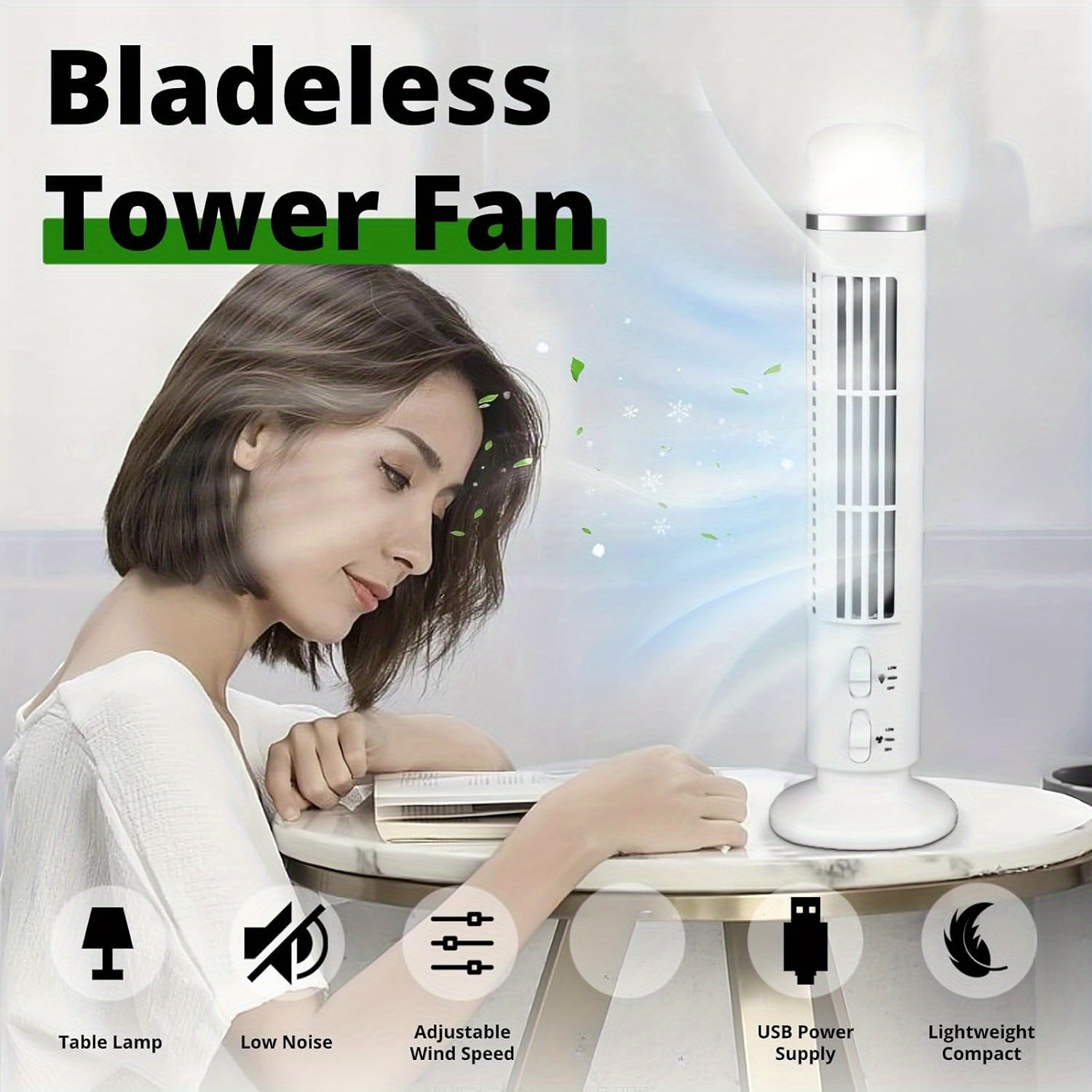 

1pc, Bladeless Tower Fan With Light, Bedroom Tower Fan, 90° Oscillation Silent Portable Desk Fan, 13 Inch Small Desk Fan For Indoor Use, (black, White)